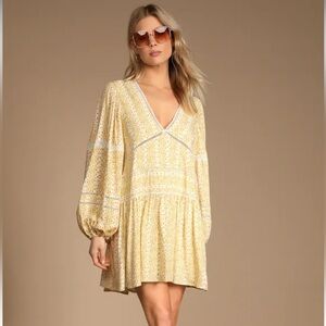 Lulus Dress Women Small Butter Yellow Floral Lined Crotchet Boho Peasant NWT
